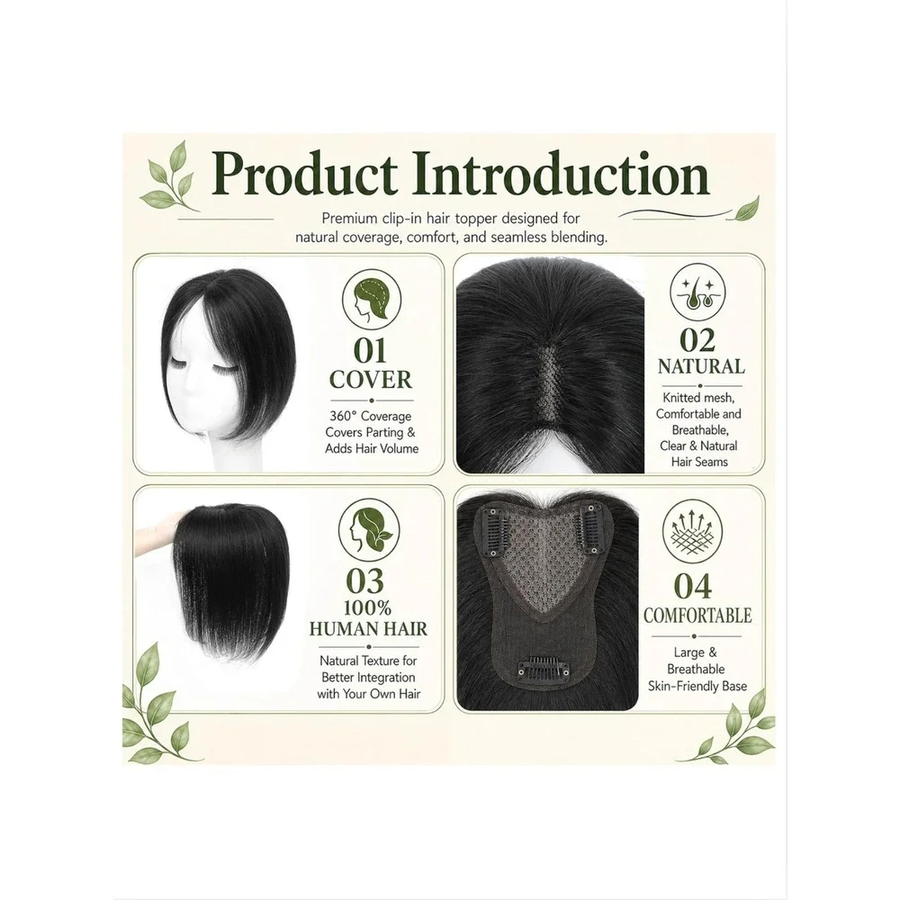 OOPPOO Black Human Hair Topper 360 3D Cover Side Bangs Thinning Crown Hairpiece